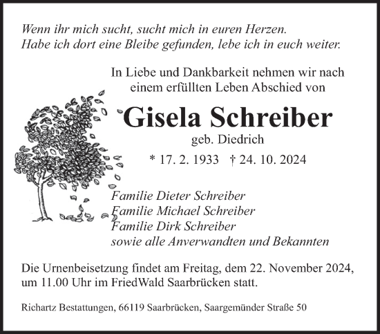 Todesanzeige von Gisela Schreiber von saarbruecker_zeitung