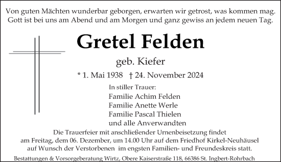 Todesanzeige von Gretel Felden von saarbruecker_zeitung