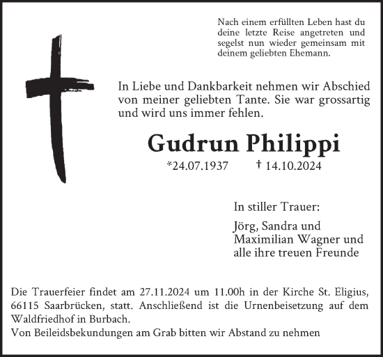 Todesanzeige von Gudrun Philippi von saarbruecker_zeitung