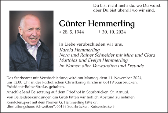 Todesanzeige von Günter Hemmerling von saarbruecker_zeitung