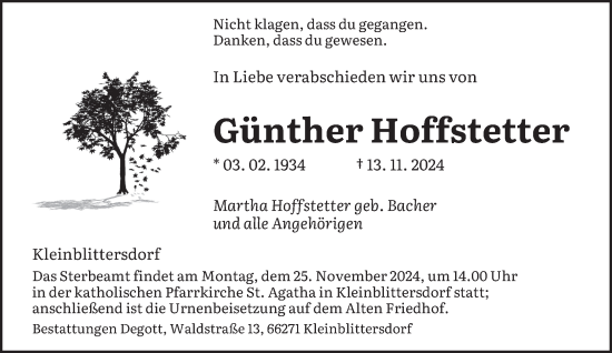 Todesanzeige von Günther Hoffstetter von saarbruecker_zeitung