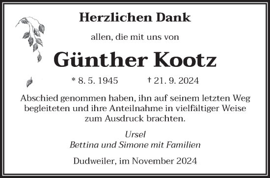 Todesanzeige von Günther Kootz von saarbruecker_zeitung