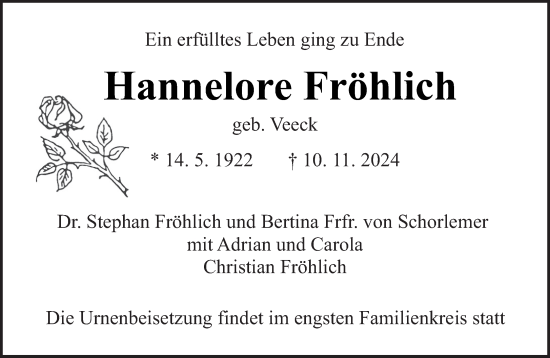 Todesanzeige von Hannelore Fröhlich von saarbruecker_zeitung