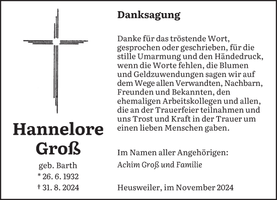 Todesanzeige von Hannelore Groß von saarbruecker_zeitung