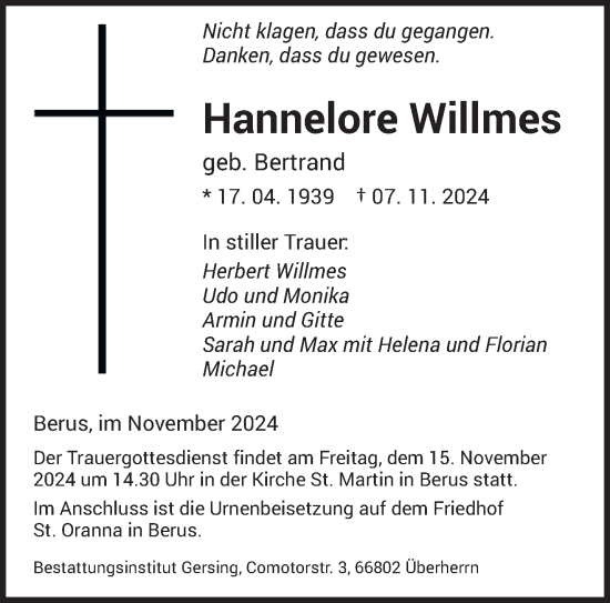 Todesanzeige von Hannelore Willmes von saarbruecker_zeitung