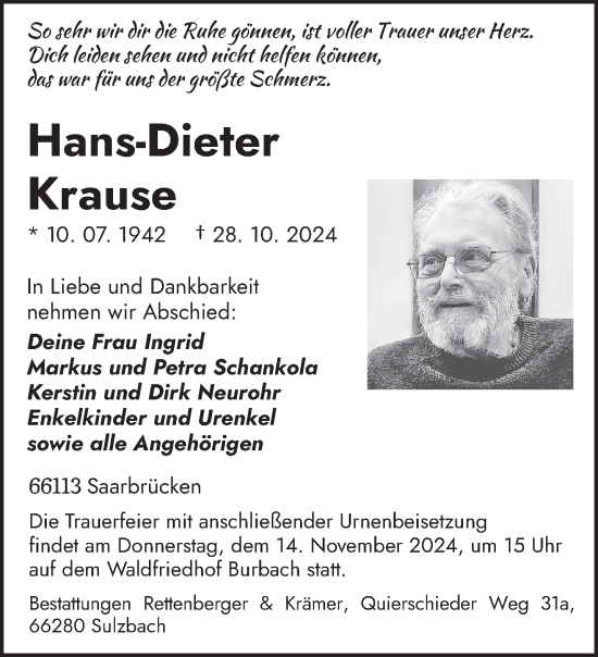 Todesanzeige von Hans-Dieter Krause von saarbruecker_zeitung