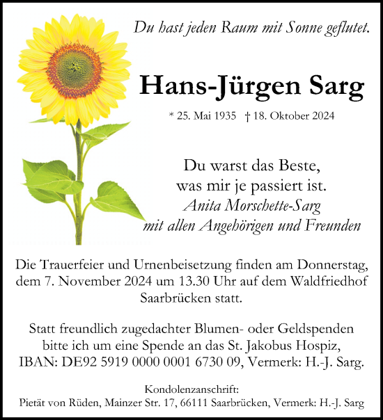 Todesanzeige von Hans-Jürgen Sarg von saarbruecker_zeitung