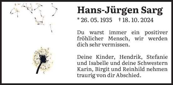 Todesanzeige von Hans-Jürgen Sarg von saarbruecker_zeitung