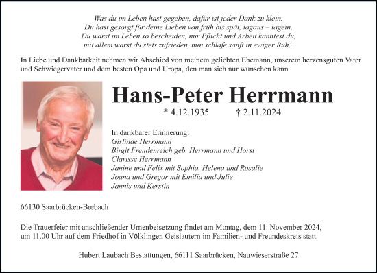 Todesanzeige von Hans-Peter Herrmann von saarbruecker_zeitung