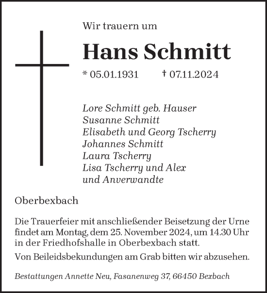 Todesanzeige von Hans Schmitt von saarbruecker_zeitung