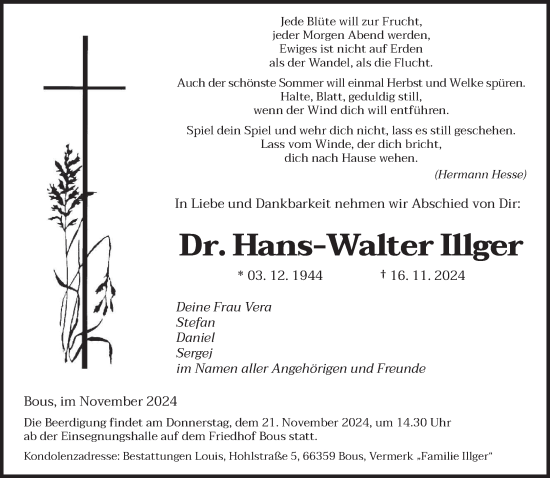 Todesanzeige von Hans-Walter Illger von saarbruecker_zeitung