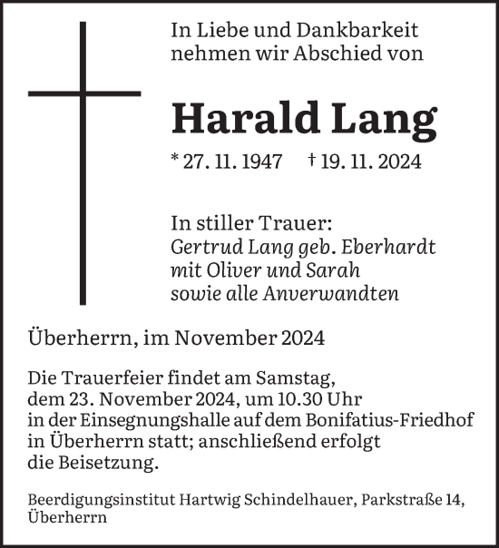 Todesanzeige von Harald Lang von saarbruecker_zeitung