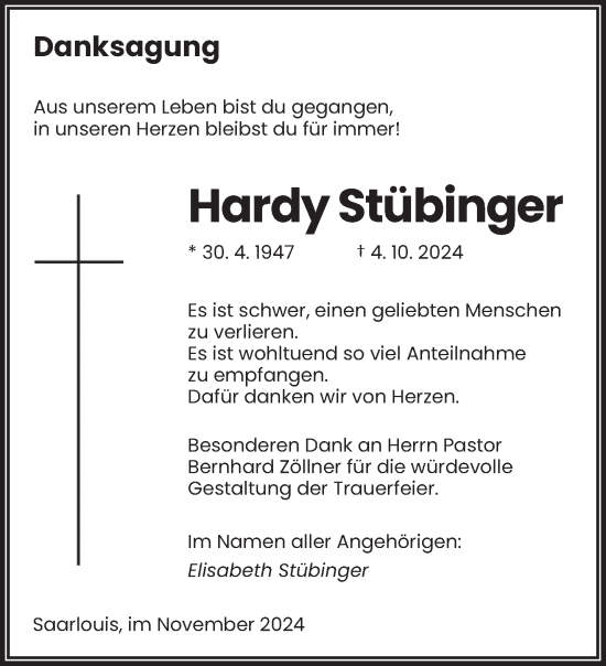 Todesanzeige von Hardy Stübinger von saarbruecker_zeitung