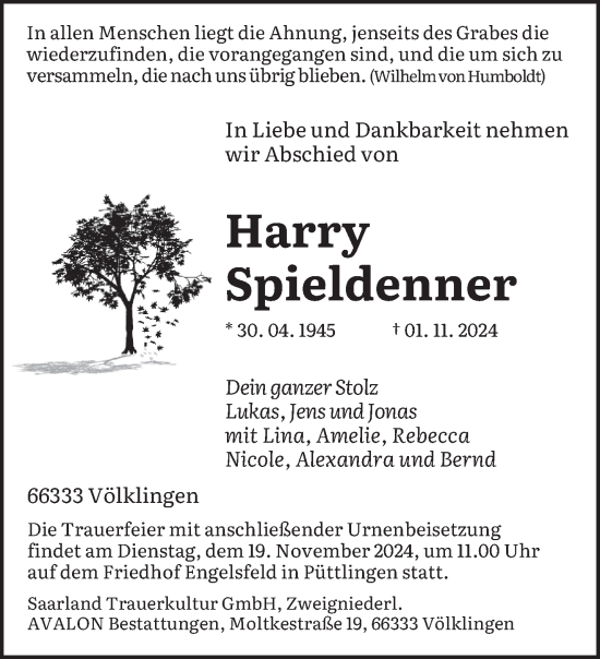 Todesanzeige von Harry Spieldenner von saarbruecker_zeitung