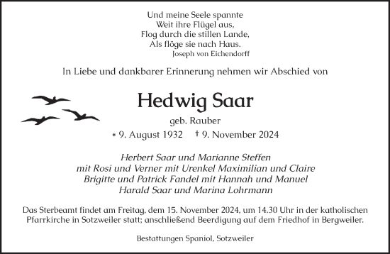 Todesanzeige von Hedwig Saar von saarbruecker_zeitung