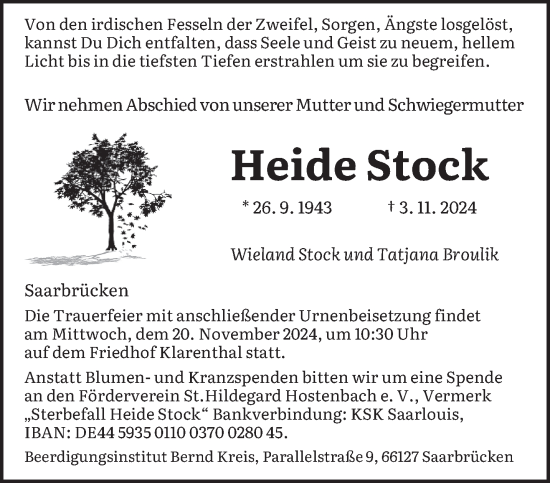 Todesanzeige von Heide Stock von saarbruecker_zeitung