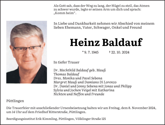 Todesanzeige von Heinz Baldauf von saarbruecker_zeitung