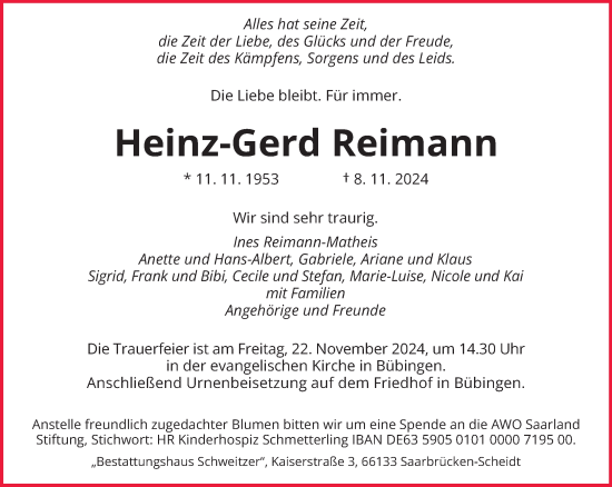 Todesanzeige von Heinz-Gerd Reimann von saarbruecker_zeitung