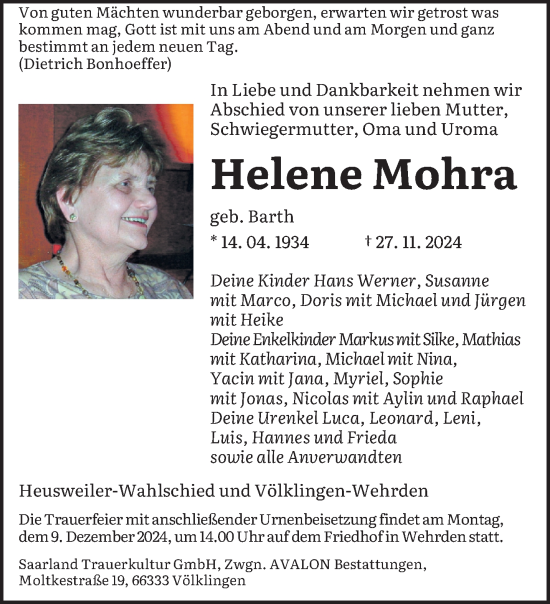 Todesanzeige von Helene Mohra von saarbruecker_zeitung