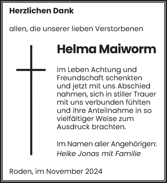 Todesanzeige von Helma Maiworm von saarbruecker_zeitung