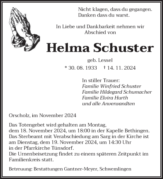 Todesanzeige von Helma Schuster von saarbruecker_zeitung