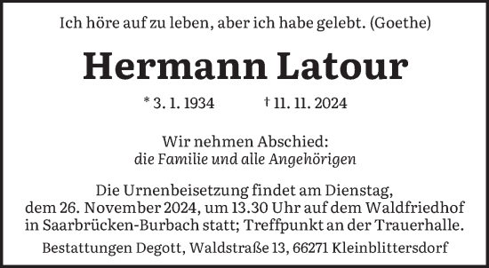 Todesanzeige von Hermann Latour von saarbruecker_zeitung