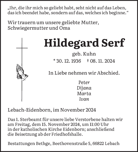 Todesanzeige von Hildegard Serf von saarbruecker_zeitung