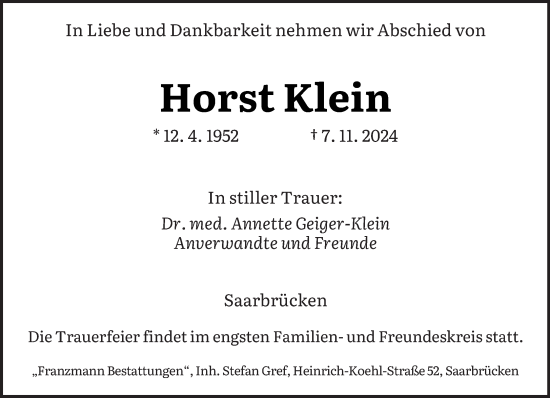 Todesanzeige von Horst Klein von saarbruecker_zeitung