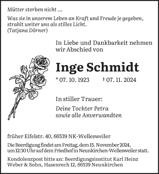 Todesanzeige von Inge Schmidt von saarbruecker_zeitung