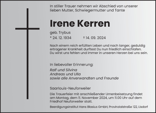 Todesanzeige von Irene Kerren von saarbruecker_zeitung