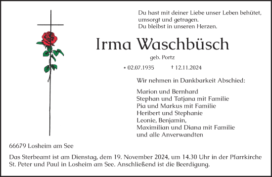 Todesanzeige von Irma Waschbüsch von saarbruecker_zeitung