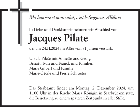 Todesanzeige von Jacques Pilate von saarbruecker_zeitung