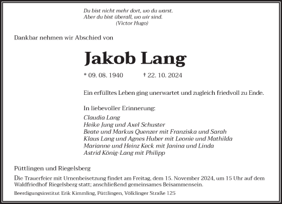 Todesanzeige von Jakob Lang von saarbruecker_zeitung