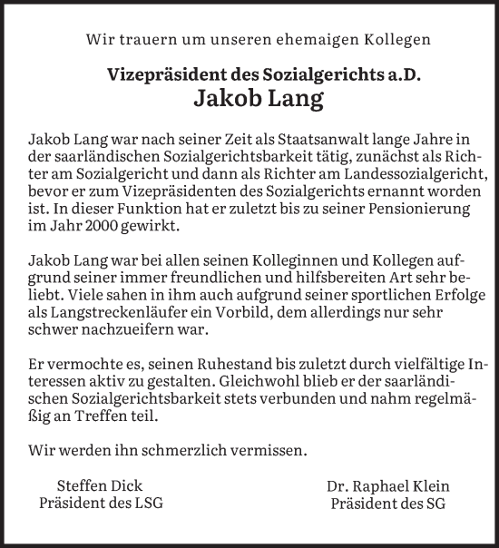 Todesanzeige von Jakob Lang von saarbruecker_zeitung