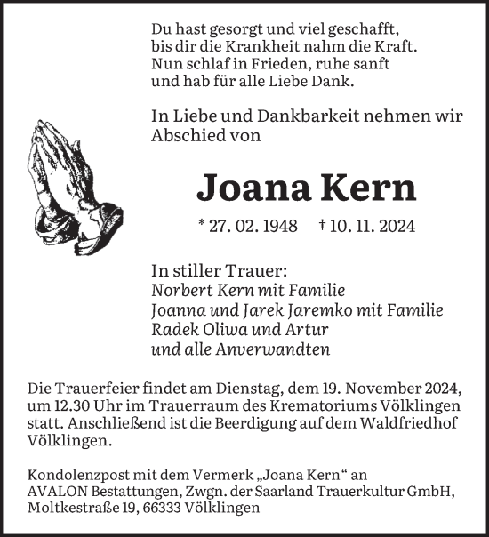 Todesanzeige von Joana Kern von saarbruecker_zeitung