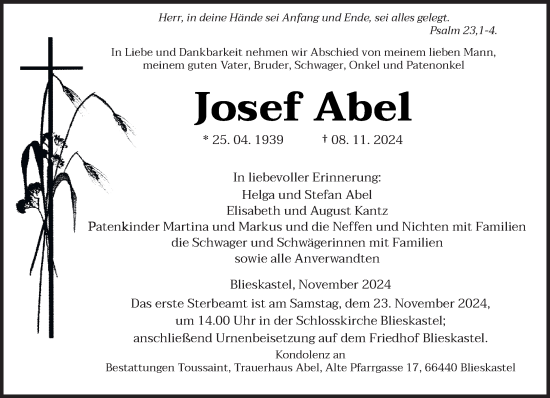 Todesanzeige von Josef Abel von saarbruecker_zeitung