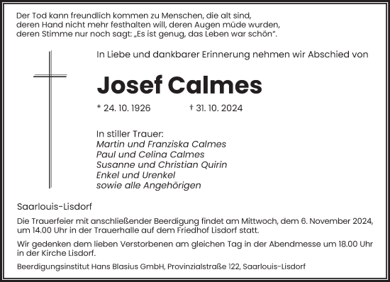 Todesanzeige von Josef Calmes von saarbruecker_zeitung