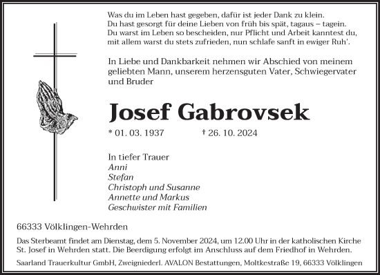 Todesanzeige von Josef Gabrovsek von saarbruecker_zeitung