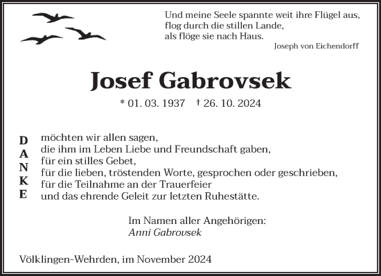 Todesanzeige von Josef Gabrovsek von saarbruecker_zeitung