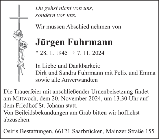 Todesanzeige von Jürgen Fuhrmann von saarbruecker_zeitung