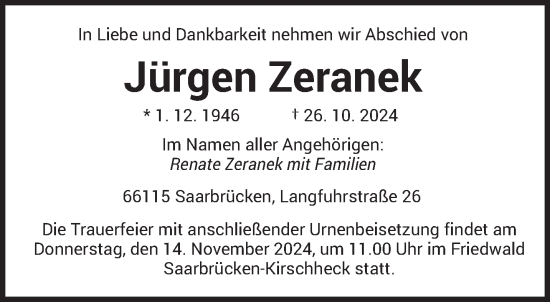 Todesanzeige von Jürgen Zeranek von saarbruecker_zeitung