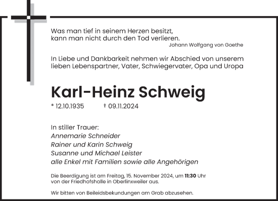 Todesanzeige von Karl-Heinz Schweig von saarbruecker_zeitung