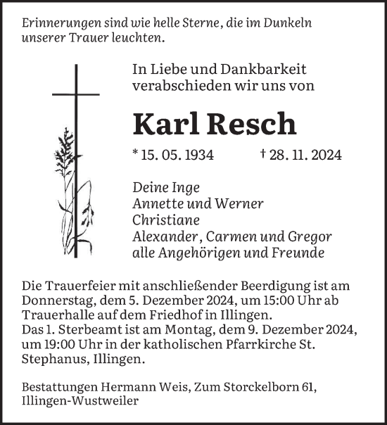 Todesanzeige von Karl Resch von saarbruecker_zeitung