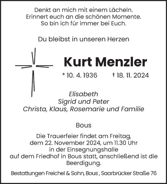 Todesanzeige von Kurt Menzler von saarbruecker_zeitung