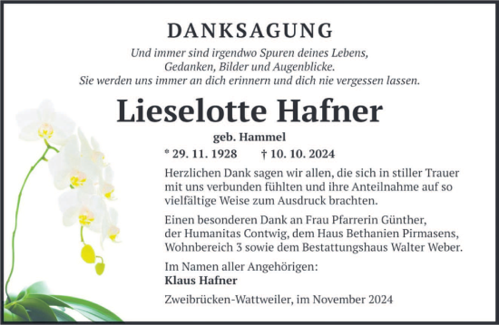 Todesanzeige von Lieselotte Hafner von saarbruecker_zeitung