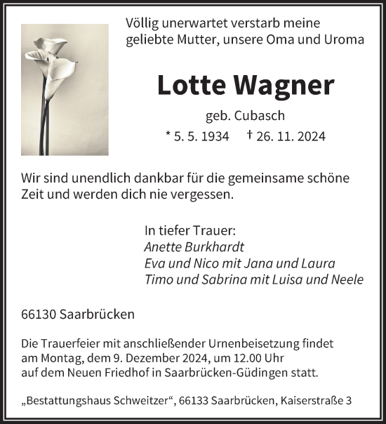 Todesanzeige von Lotte Wagner von saarbruecker_zeitung