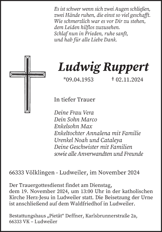 Todesanzeige von Ludwig Ruppert von saarbruecker_zeitung