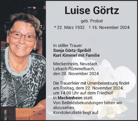 Todesanzeige von Luise Görtz von saarbruecker_zeitung