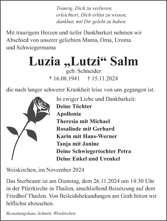 Todesanzeige von Luzia Salm von saarbruecker_zeitung