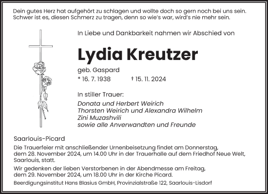 Todesanzeige von Lydia Kreutzer von saarbruecker_zeitung